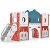 Kids Slide Playset Structure, Freestanding Castle Climber with Slide and Basketball Hoop, Toy Storage Organizer for Toddlers, Kids Climbers Playhouse